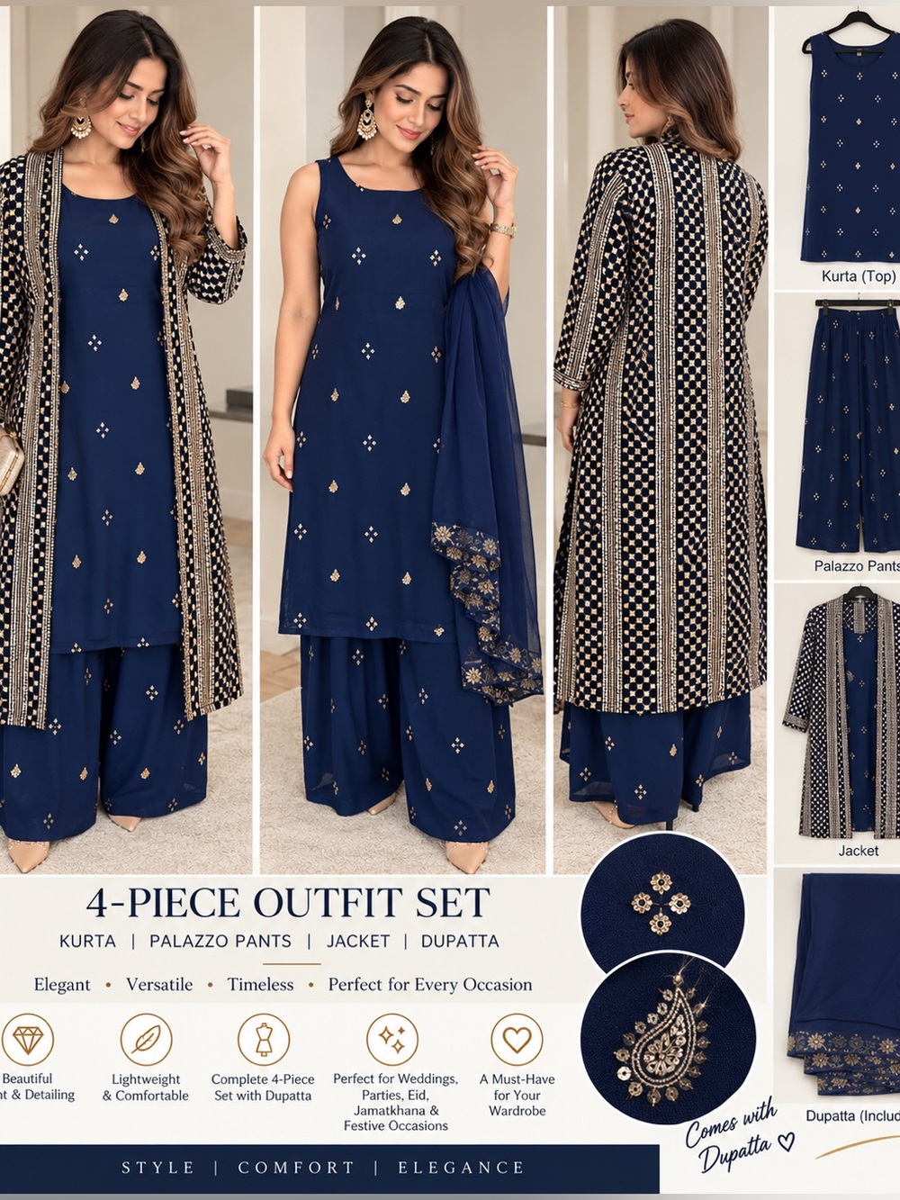 Navy Embellished Sleeveless A-Line Skirt
